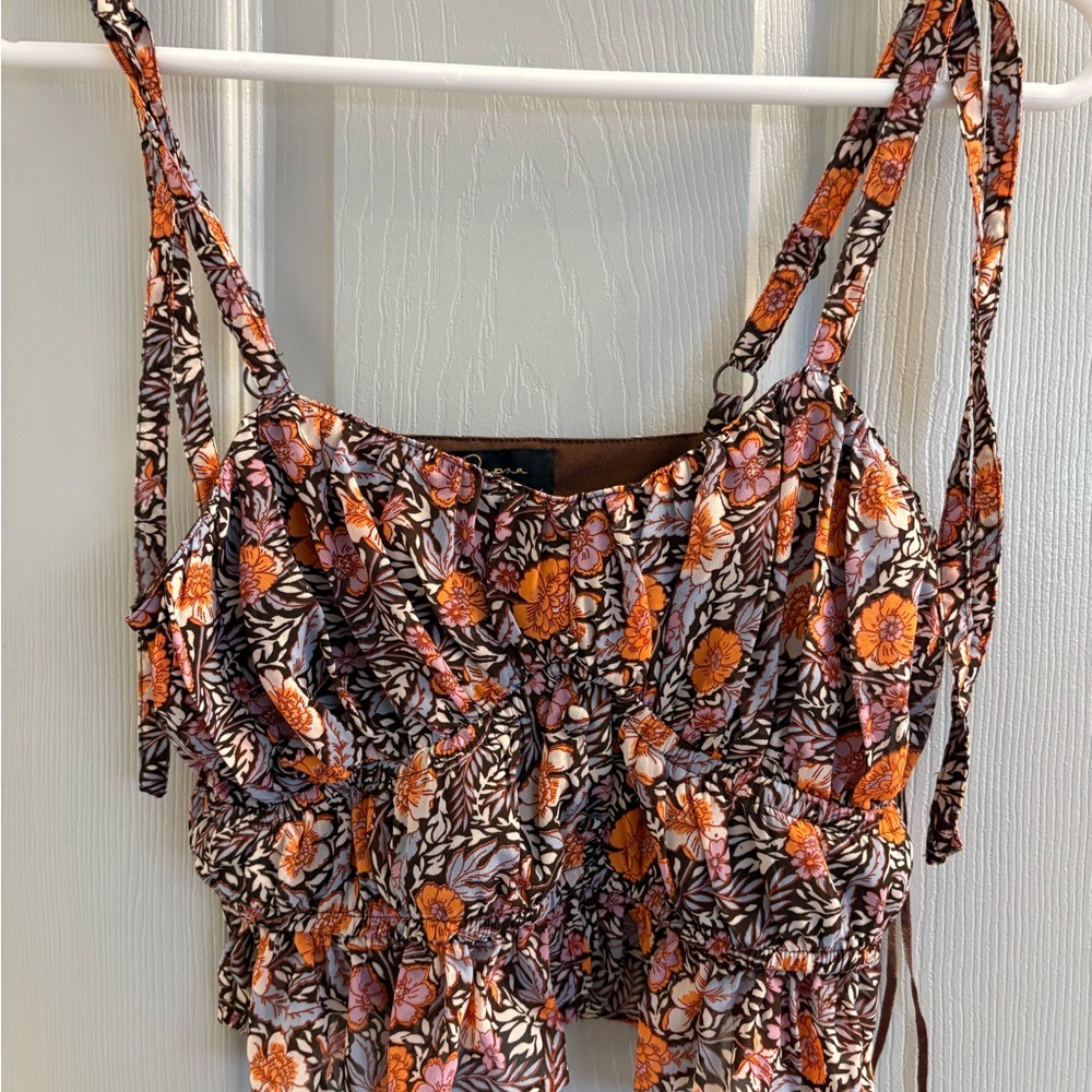 Floral Tie-Shoulder Cropped Tank Top - Orange & Brown